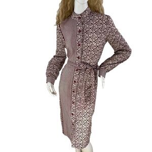 Jonathan Logan Vintage 1970s Red & White Paisley & Stripe, Tie Waist Dress